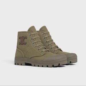 Celine Patapans Lace Up Boot in Canvas Army Green